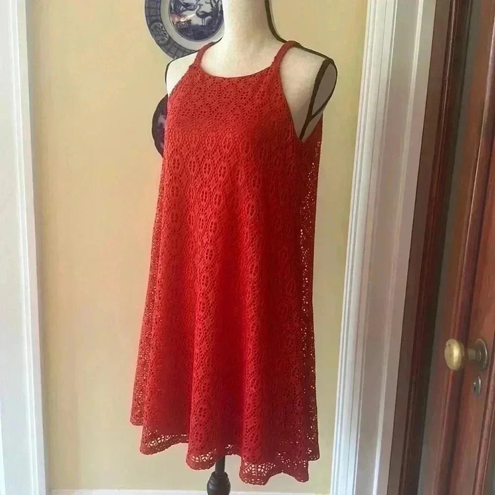 Luxology | Red/Orange Lace Knee Length Dress with Straps